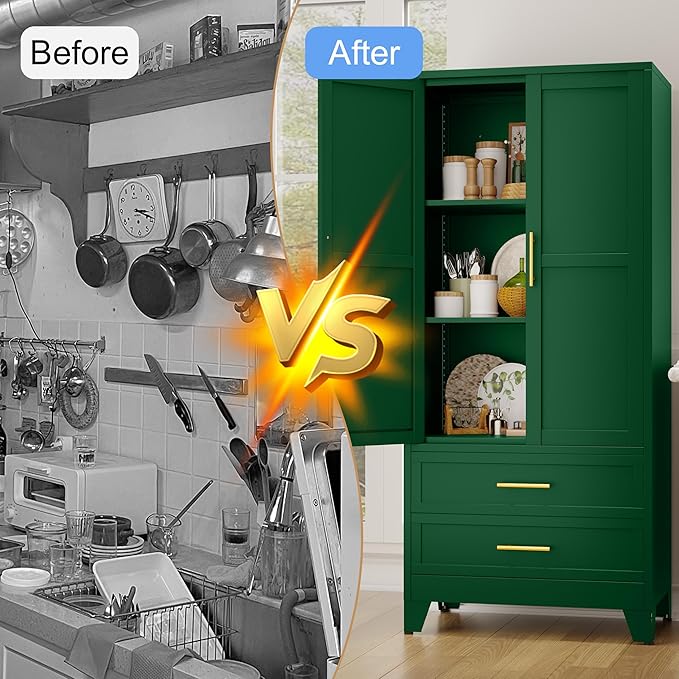 erosoei 71" H Metal Pantry Storage Cabinet,Office File Cabinets with 2 Drawers and Shelves, Kitchen Cupboard Storage Cabinet for Bedroom and Dinning Room（Green）