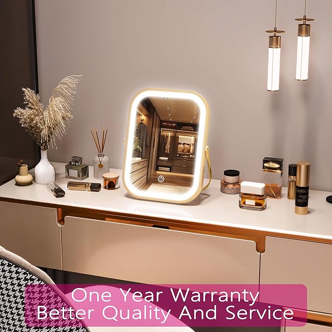 PRIMETEK Travel Makeup Mirror with Lights, Portable Small Beauty LED Vanity Mirror with Lights, 1200mAh Battery, Dimmable Touch Screen, Tabletop Folding Compact Mirror,Women Gift