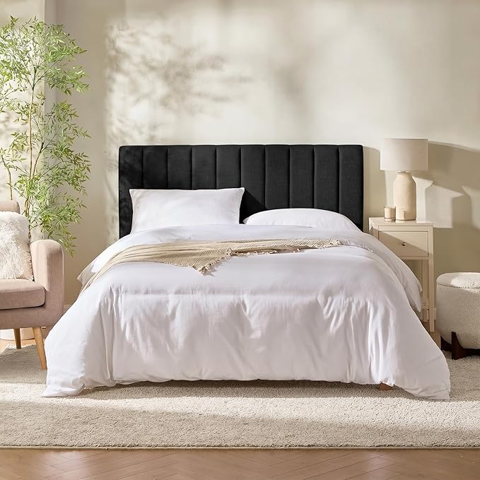 Hearth & Harbor Upholstered King Headboard - Easy Assemble Channel Stitched Headboard King Size Bed - Wall Mounted Headboards with 3D Soundproof Wall Panels Peel & Stick Floating Headboards, Black