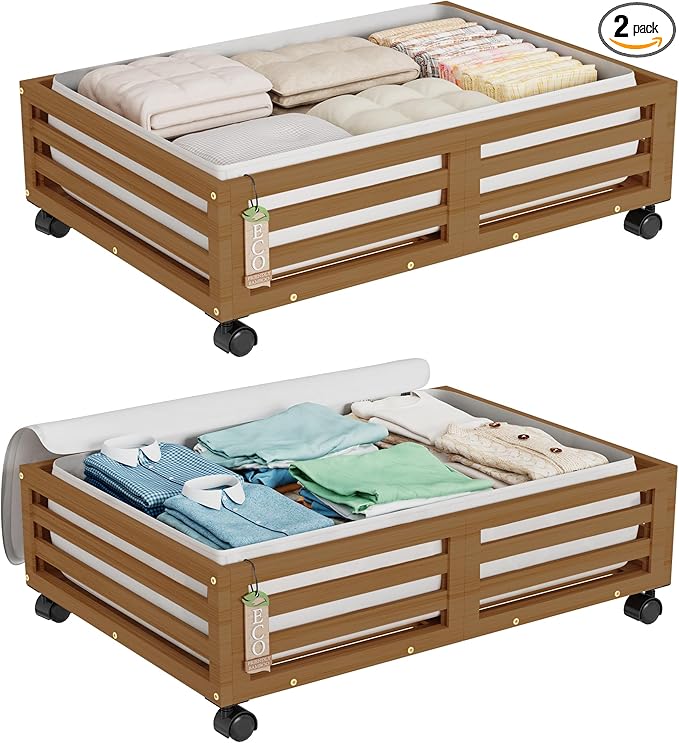 Wisuce Bamboo Under Bed Storage Containers- Underbed Organizer with Wheels with Dust Bag,Sturdy Wood Rolling Under the Bed Shoe Storage Organizer Drawers (Brwon, 2 Pack (23.62"×16.54"))