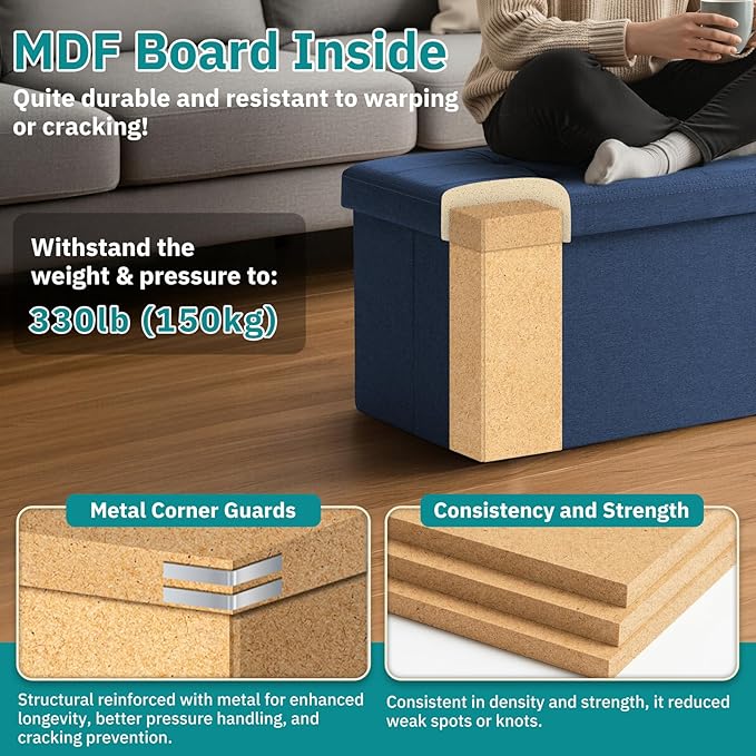 30-INCH Storage Ottoman Bench, Footrest with Storage, End of Bed Bench Coffee Table for Living Room, Bedroom, Entryway, Blue