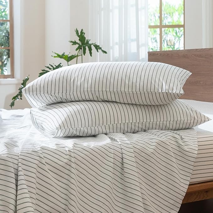MooMee Striped Duvet Cover Set 100% Washed Cotton Linen Like Textured Breathable Durable Soft Comfy (White Heathered Green Wide Stripes, Super King Plus 120"x120")