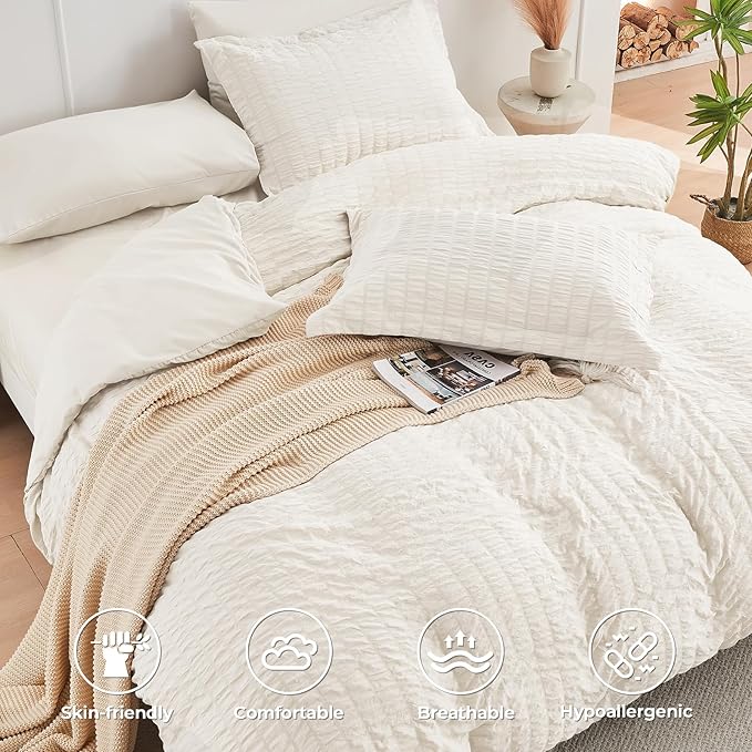 HYMOKEGE Ivory Oversized King Comforter Set Seersucker 7 Pieces, All Season Luxury Bed in a Bag for Bedroom, Bedding Set with Comforter, Sheets, Pillowcases & Shams