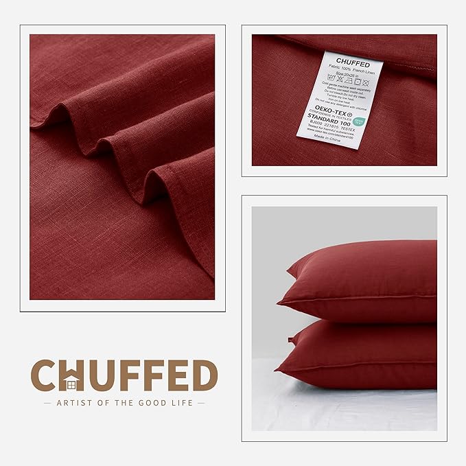 CHUFFED Linen Pillow Covers 2 Pack 100% Linen Pillow Cases, Breathable and Cooling Washed Pillow Shams with Zipper Closure for Bedding, 26x26 Inches,Christmas Red