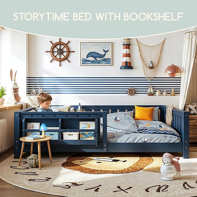 Bellemave Queen Floor Bed Frame with Fence & Bookshelf, Solid Pinewood Montessori Floor Bed Frame Queen with Slats Load 550LBS, Low Floor Bed for Kids, Bedroom, Nursery, Easy Assembly, Blue