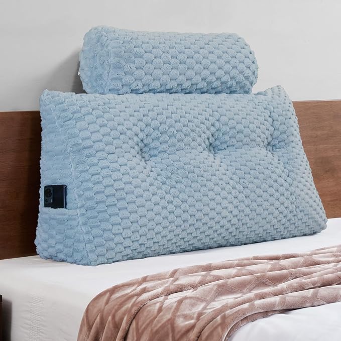 Wedge Headboard Pillow - Bed Wedge Pillow for Headboard Triangular Headboard Pillow with Neck Roll Pillow-Large Bolster Pillow for Sitting in Bed Backrest Positioning Support (Blue,39x8x20 Inches)