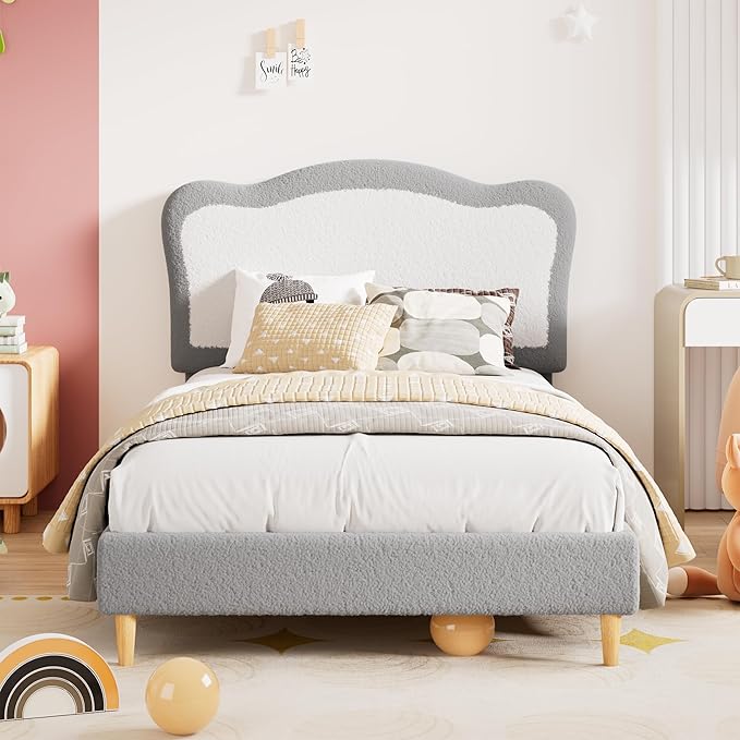 GarveeHome Full Bed Frames for Kids with Soft headboard, Velvet Low Bed Frame for Girls, Boys, No Box Spring Needed, Wooden Slats, Noise Free, Sturdy, Easy Assembly, Grey White