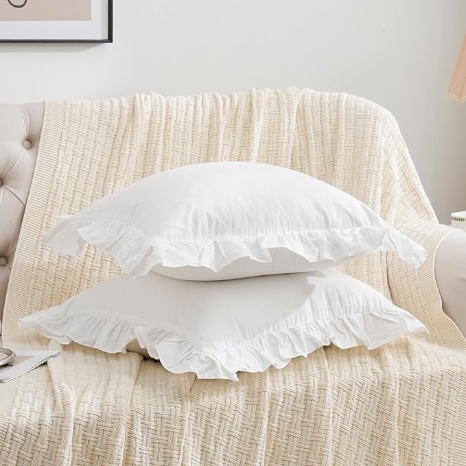 2 Pack Ruffle Throw Pillow Covers Farmhouse Off White Shabby Washed Cotton Decorative Pillow Shams for Bed, Sofa, Living Room-20"x20" White