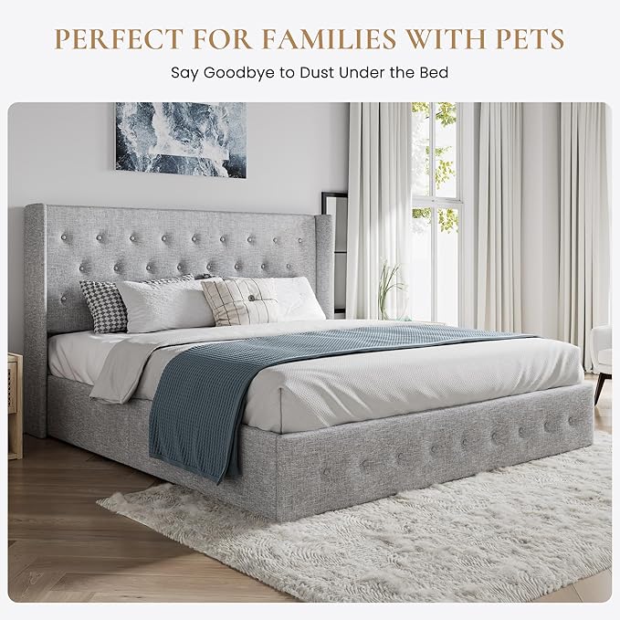 SHA CERLIN Full Size Lift Up Storage Bed Frame,Button Tufted Wingback Headboard,Upholstered Platform,Hydraulic Storage,Wooden Slat Support,No Box Spring,Light Grey