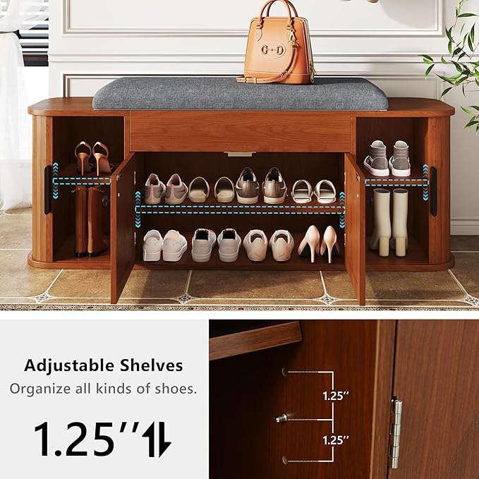 Einhomn 47.2'' Sliding Door Entryway Shoe Storage Bench with Seat Cushion, Shoe Rack with Lift-Top Hidden Storage & Adjustable Shelf, Bench for Bedroom End of Bed, Walnut