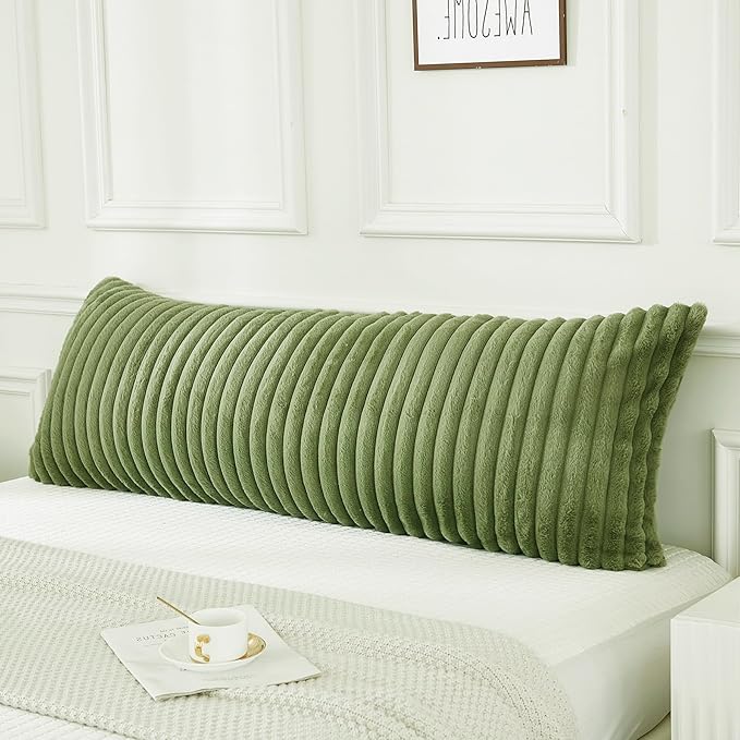 JAUXIO Faux Fur Fluffy Body Pillow Cover Luxury Textured Vertical Stripe Plush Decorative Body Pillowcase, Ultra Soft and Cozy Zipper Closure 21 x 54 Inches, Sage