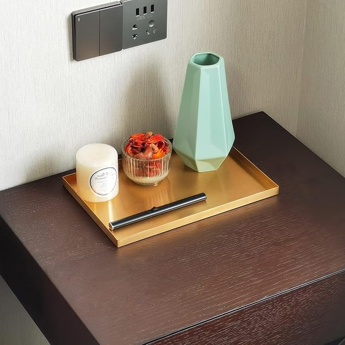 FREELOVE Gold Tray for Bathroom Vanity Brass Decor, Small Candle Holder, Rectangle Soap Dish, Brushed Square Plate, Coffee Table Toilet Back Modern Antique, 8''X12''