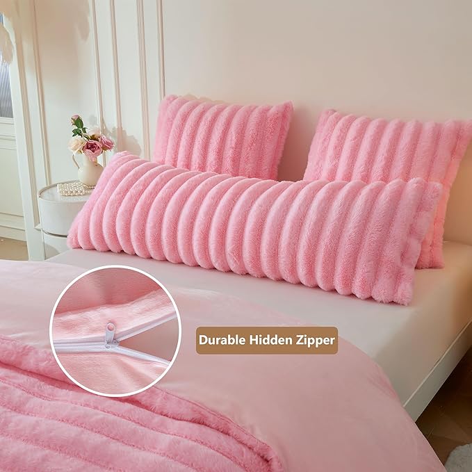 MEGO Fluffy Faux Rabbit Fur Body Pillow Cover, Soft Plush Fuzzy Wide Striped 20x54 Body Pillowcase with Zipper, Home Decorative Shaggy Furry Ribbed Long Pillow Cover for Bed Couch Sofa Bedroom, Pink