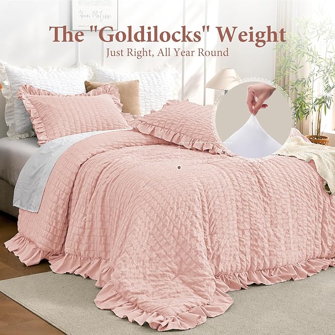 JOLLYVOGUE Twin Size Comforter Set, 2 Pieces Rose Gold Seersucker Lightweight Fluffy Bedding Set, Twin Ruffle Comforter, All Season Soft Microfiber Shabby Chic Bed Set