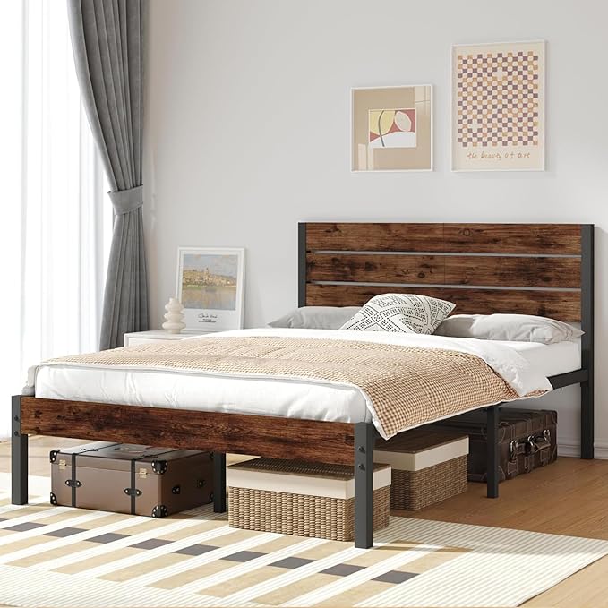 Fluest Full Bed Frame with Headboard and Footboard, Metal Full Bed Frame with Under Bed Storage, All-Metal Support System, No Box Spring Needed, Easy Assembly,Rustic Brown
