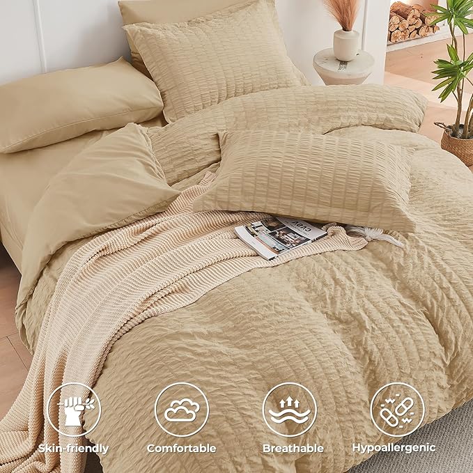 HYMOKEGE Khaki Twin Comforter Set Seersucker 5 Pieces, All Season Luxury Bed in a Bag for Bedroom, Bedding Set with Comforter, Sheets, Pillowcase & Sham