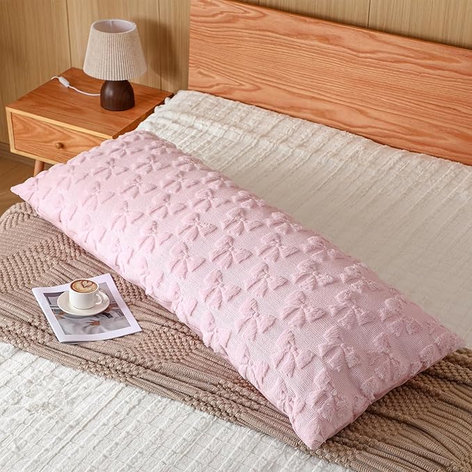 SmoothNovelty Pink Bow Body Pillow Cover 20 x 54 Inches Coquette Long Body Pillowcase with Zipper Closure Coquette Room Decor Cute Faux Fur Soft Aesthetic Pillow Covers for Bed Sofa Couch