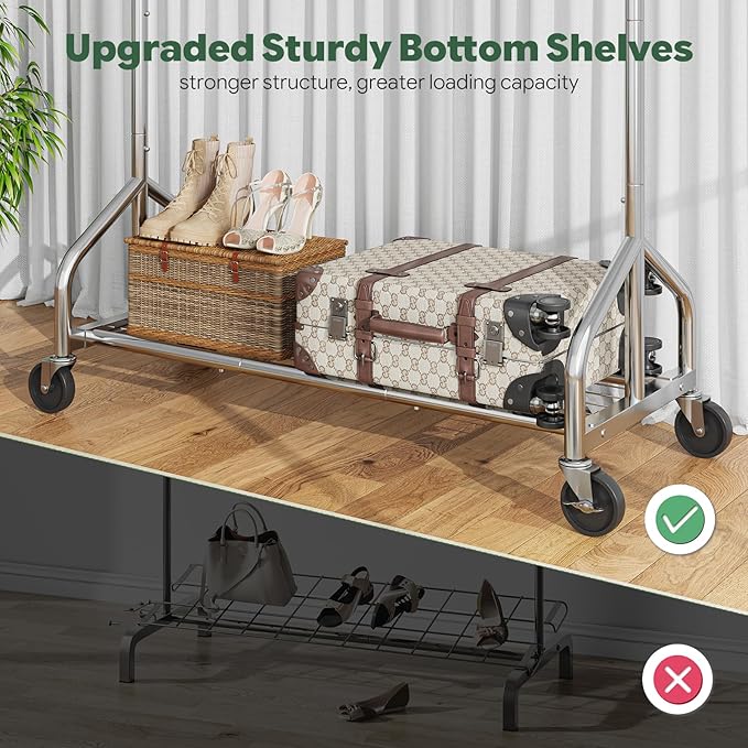 Simple Trending Heavy Duty Clothes Rack Load 420 LBS, Rolling Clothing Racks for Hanging Clothes, Metal Garment Rack with Wheels, Bedroom, Laundry Room, Silver
