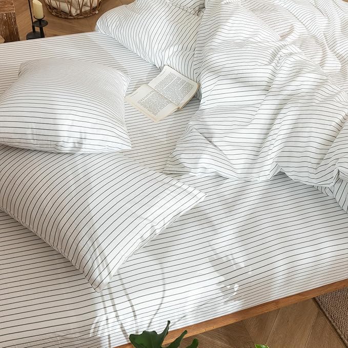 MooMee Striped Duvet Cover Set 100% Washed Cotton Linen Like Textured Breathable Durable Soft Comfy (White Heathered Green Wide Stripes, Queen 90"x90")