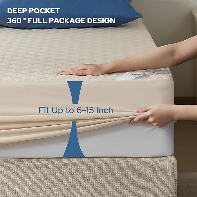 BEDLORE Waterproof Mattress Protector, Noiseless Twin Size Mattress Pad with Deep Pocket Fitted Up to 6-15 inches, Soft Breathable Dirt-Proof Single Bed Mattress Cover for Bedroom (Beige)