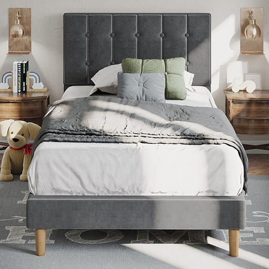 LIKIMIO Twin Bed Frames, Velvet Upholstered Platform Bed Frame with Headboard and Strong Wooden Slats, No Box Spring Needed/Noise-Free/Easy Assembly, Grey