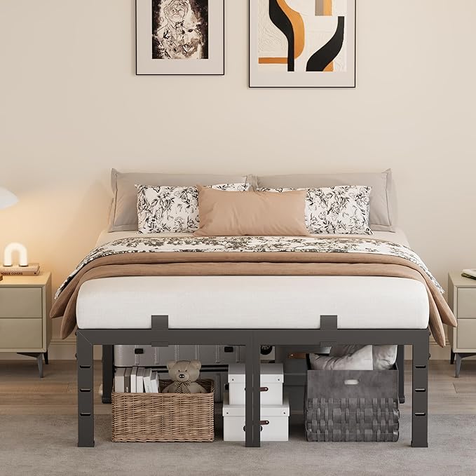 16 Inch Full Size Bed Frames, Heavy Duty Metal Platform 3500 lbs Capacity, No Box Spring Needed, 6 Mattress Slide Stopper, Headboard Holes, Noise-Free, Easy Assembly