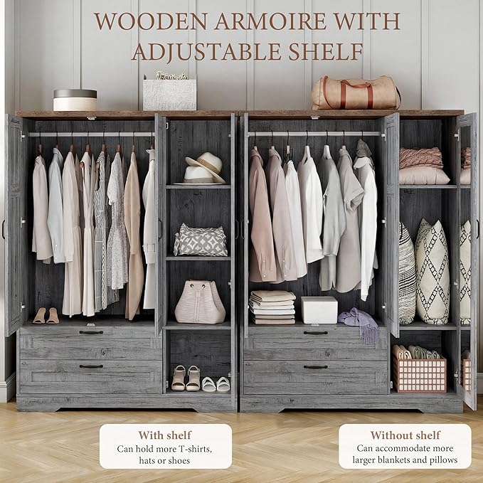 Yechen 3-Door Wooden Armoire Wardrobe Closet with Drawers and Shelves, Bedroom Armoires with Mirror for Hanging Clothes, Coat, Farmhouse Wardrobe Cabinet for Large Storage Needed