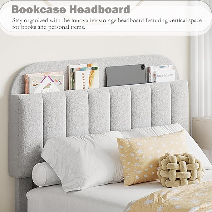IDEALHOUSE Queen Bed Frame with 2 Flexible Drawers and Bookcase Headboard, Boucle Upholstered Platform Bed for Boys/Girls, Noise-Free, Easy Assembly, No Box Spring Needed, Gray