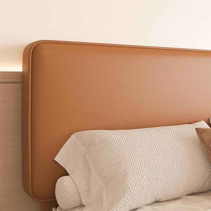 King Size Leather Platform Bed Frame with Adjustable Upholstered Headboard, Solid Wooden Legs, No Box Spring Needed, Easy Assembly, Noise Free, Orange-Brown