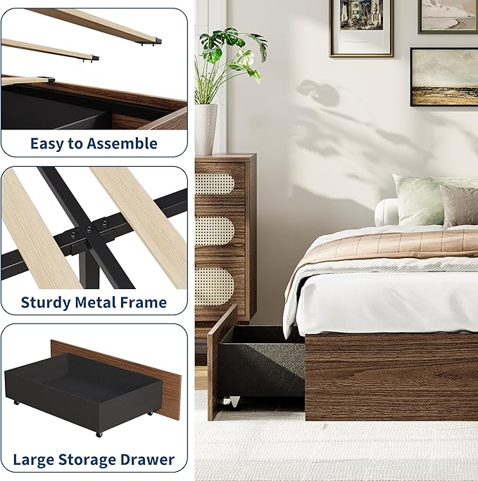 GarveeHome Twin XL Size Wood Platform Bed Frame with 2 Storage Drawers, Wooden Bed Frame Without Headboard, Wood Slat Support, No Box Spring Needed, Easy Assembly