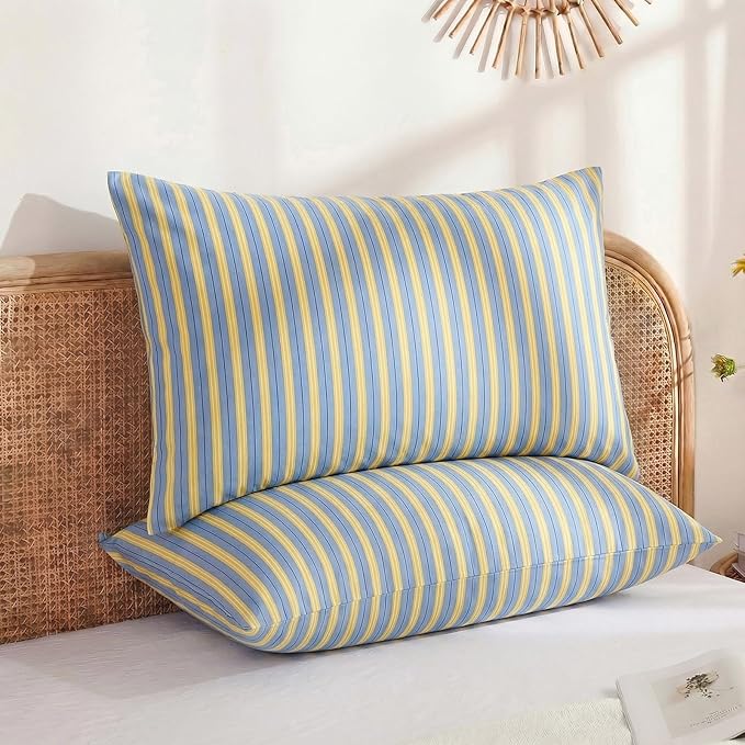 Merryword Blue & Yellow Striped Pillowcases, 100% Cotton Pillow Cases, Queen Size Pillowcases, Luxury Linen Like Pillowcase, Soft Breathable Ribbon Stripe Pillow Covers, Set of 2
