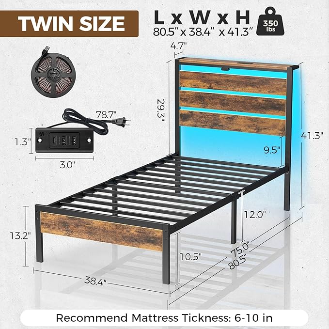 Rolanstar Bed Frame Twin Size with USB Charging Station, LED Bed Frame with Wood Storage Headboard, Rustic Brown Metal Platform Bed with Under Bed Storage, No Box Spring Needed, Noise Free