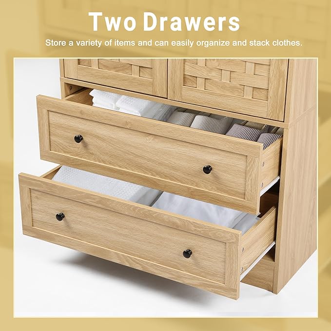 LEVNARY Armoire Wardrobe Closet with 2 Woven Doors, Wardrobe Cabinet with 2 Storage Drawers and Hanging Rail, Freestanding Wooden Closet for Bedroom (Natural)