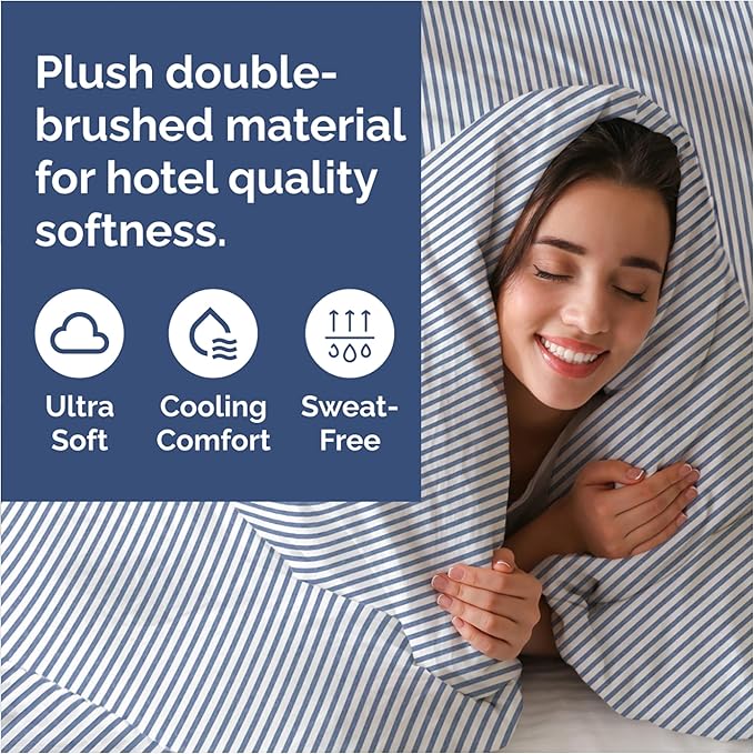 Duvet Cover Full Size Set - Extra Soft Full Duvet Cover 80" x 90" with 2 Pillow Shams - Hotel Luxury, Easy Care & Fade Free with Zipper Closures & Ties - All Season, Comfy & Breathable (Blue Stripes)