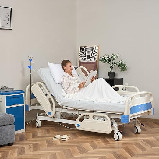 Real Relax 5 Function Full Electric Hospital Bed, ICU Electric Medical Bed with 4 inch Foam Mattress & IV Pole and Central Locking System with 5” Casters for Home Hospital Use, 530LBS Loading.