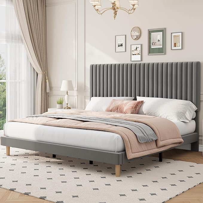 GAOMON King Bed Frame with Adjustable Headboard, Velvet Upholstered Platform King Size Bed Frame, Wooden Slats Support, No Box Spring Needed, Easy Assembly, Grey