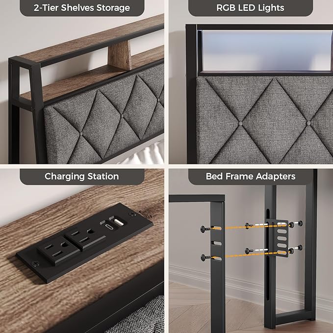 Queen Headboard Only, Headboard for Queen Size Bed with Storage, Upholstered Headboards with LED Lights & Charging Station, Attach Frame, Ideal for Bedroom/Dorm/Guest Room, Dark Grey & Brown
