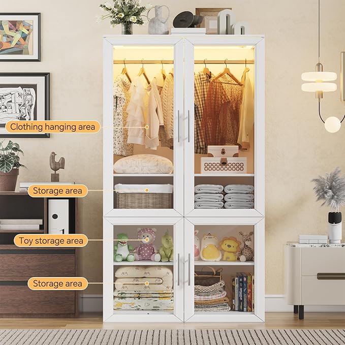 PAKASEPT Armoire Wardrobe Closet Door, Bedroom Closet Wardrobe Cabinet with Hanging Rod, Lighted Freestanding Armoire Storage Cabinet for Bedroom Cloakroom White (White&Full Glass Door)