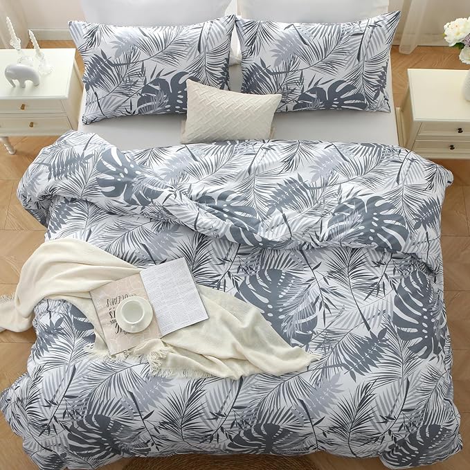 MUXHOMO Duvet Cover King Size, Reversible Floral Black & Grey Duvet Cover Set with Zipper Closure, 3 Pieces Botanical Patterns Soft Microfiber Bedding Set (90"x104", 2 Pillow Cases 20"×36") US