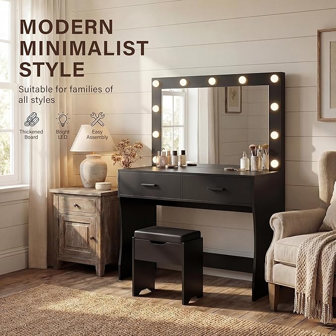 YESHOMY Vanity Desk with Mirror,Makeup Vanity Table with 11 Adjustable Lights and 2 Spacious Drawers,3 Lighting Modes with Control&Soft-Padded Storage Stool,Modern Bedroom Vanity Set,Black