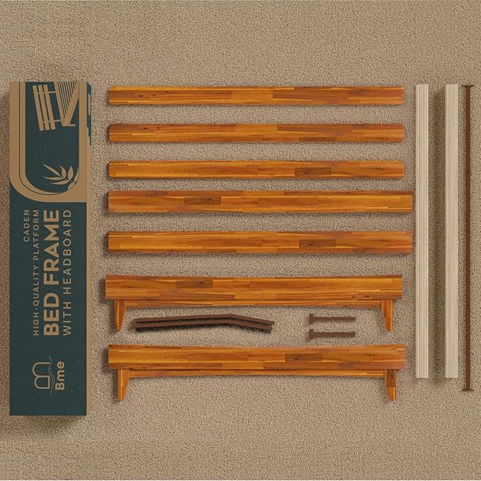 Bme Caden 15 Inch Deluxe Bed Frame with Adjustable Headboard - Mid Century, Retro Style with Acacia Wood - No Box Spring Needed - 12 Strong Wood Slat Support - Easy Assembly - Caramel, Queen