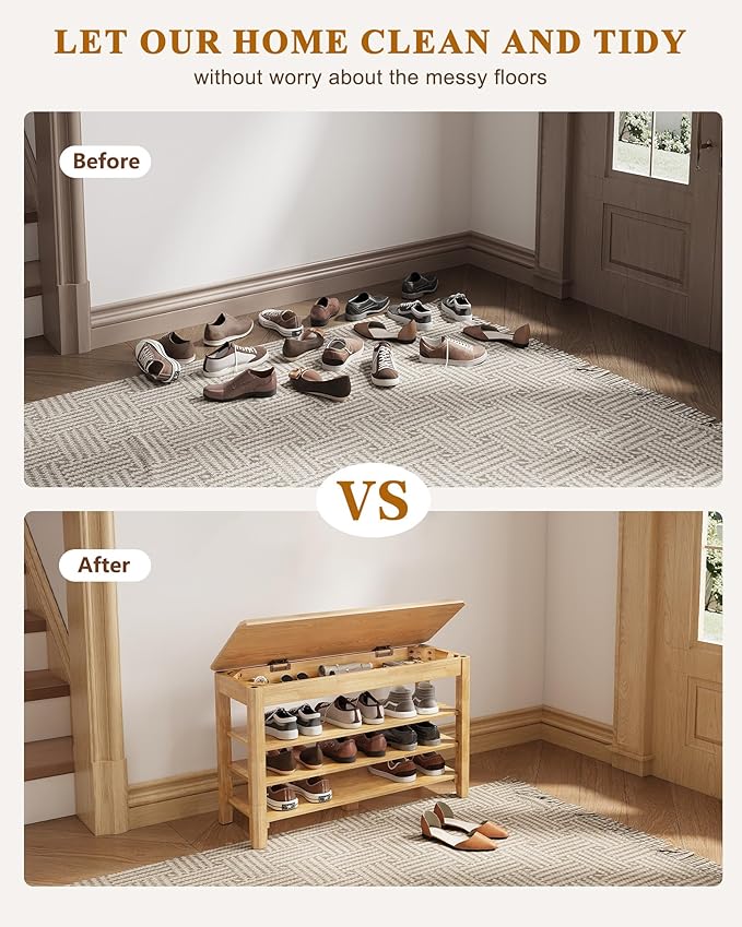 IUNVR Shoe Rack Bench Seat Rubberwood 3-Tier Wooden Storage Bench 550lbs Compact Mid-Century Modern Design for Entryway, Hallway, Closet, Front Door Entrance, Foyer
