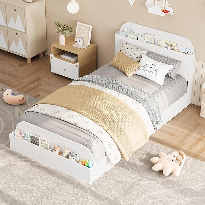 Garvee Twin Bed Frame with Headboard & Footboard – Low Platform Kids Bed, Wooden Twin-Floor Design, Noise-Free, No Box Spring Needed, White