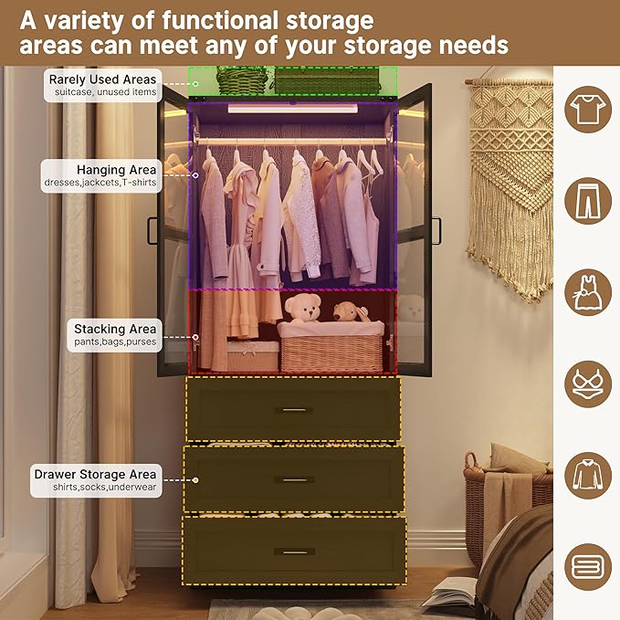 75" Tall Farmhouse 2 Doors Armoire Wardrobe Closet with 3 Drawers and LED,Freestanding Closet Wardrobe Cabinet for Bedroom with Hanging Rod,Wooden Armoire Storage Cabinet with Adjustable shelve(Black)