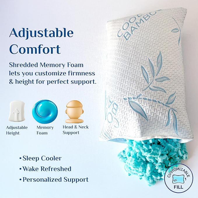 OMEO 2 Pack Bamboo Pillow Standard Size for Sleeping, Hypoallergenic Cooling Shredded Memory Foam Bed Pillows for Side, Back and Stomach Sleepers, Adjustable Loft and Washable Cover 20" x 26"