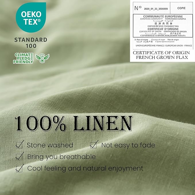 Simple&Opulence 100% Washed Linen Duvet Cover Set 5pcs(1 Duvet Cover& 2 Shams& 2 Pillowcases) Basic Style Natural French Flax Soft Breathable Farmhouse Bedding (King, Sage Green)