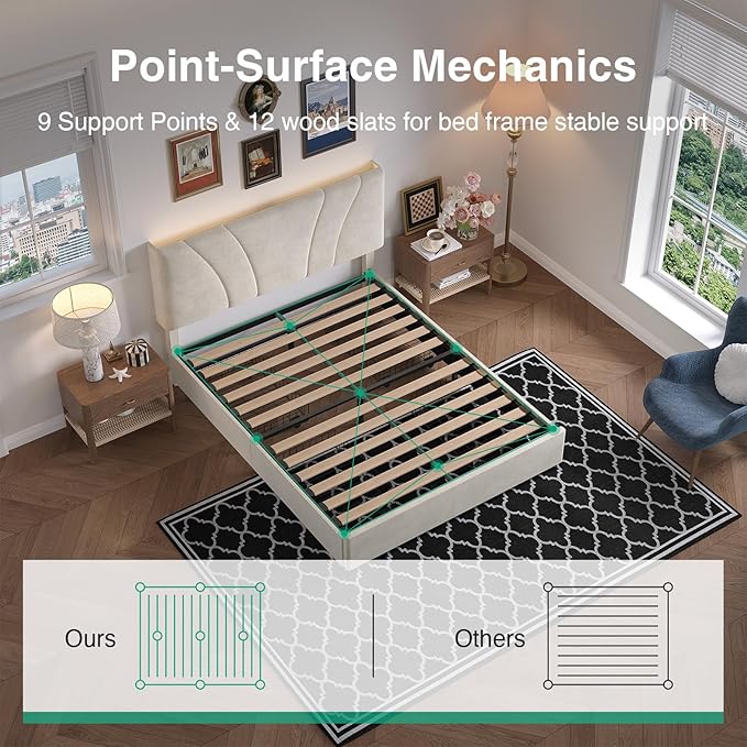 Novilla Queen Size Bed Frame, Queen Bed Frame with Headboard, Queen Bed Frame with Drawers, LED Bed Frame Queen Size, Charging Station and Adjustable Headboard, No Box Spring Needed, White Velvet