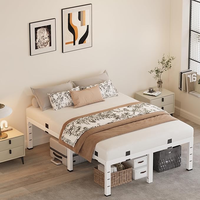 14 Inch Full Size Bed Frames, Heavy Duty Metal Platform 3500 lbs Capacity, No Box Spring Needed, 6 Mattress Slide Stopper, Headboard Holes, Noise-Free, Easy Assembly, White