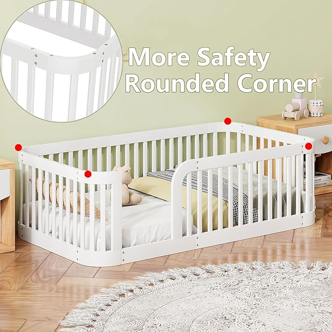 Bellemave Twin Floor Bed with High Fence and Rounded Corner Design, Twin Size Montessori Floor Bed with Entrance, Easy Assemble Montessori Bed Frame, White