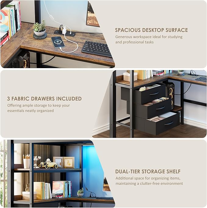 Garvee Twin Loft Bed with Desk and Stairs, Heavy Duty Loft Bed with RGB LED Lights, Charging Station, 3 Fabric Storage Drawers & 2 Open Shelves, No Box Spring Needed